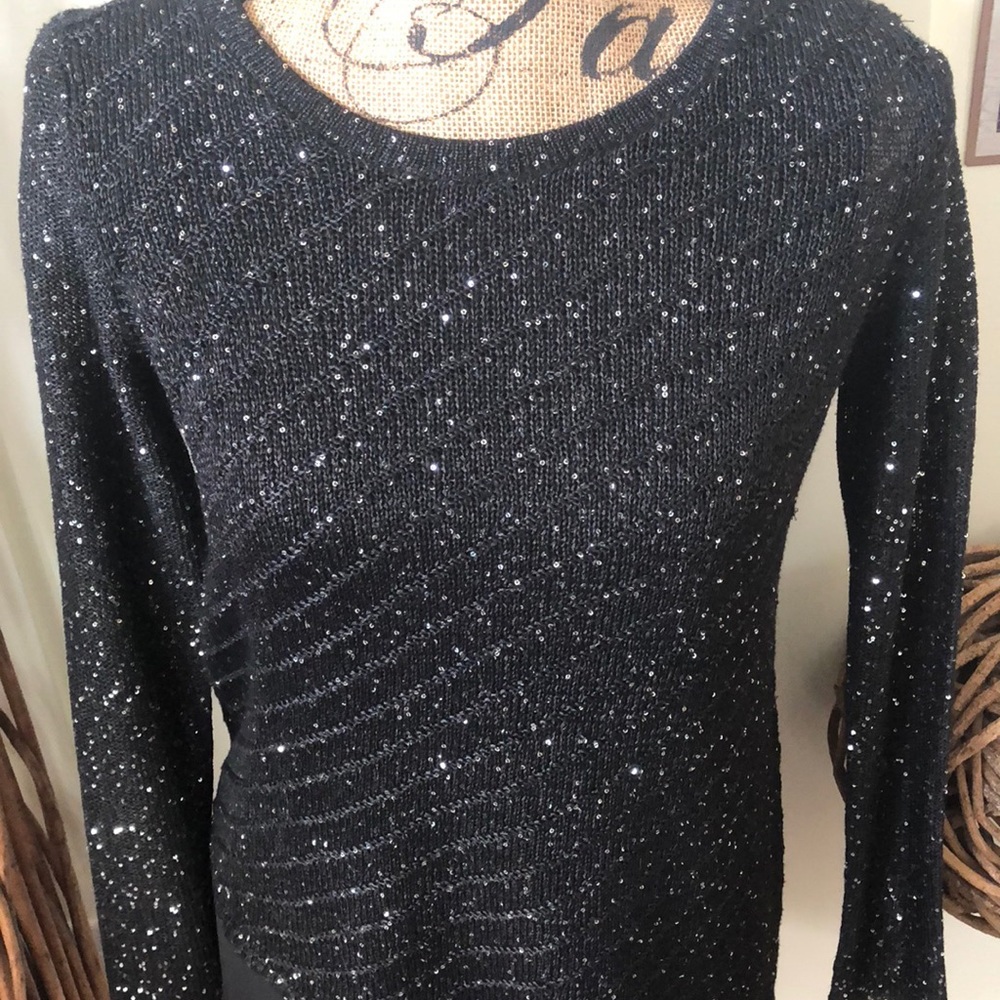 Apt.9 black sequin asymmetrical sheer hem sweater